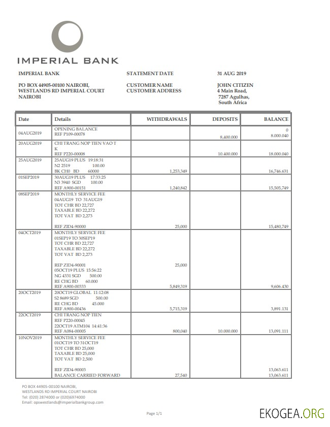 Modèle de relevé de la Banque impériale d'Afrique du Sud facile à remplir au format Word et PDF